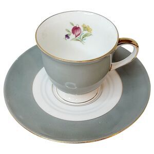 Vintage Demitasse Cup & Saucer Baronet Eschenbach Germany Gray Gold Fowers‎